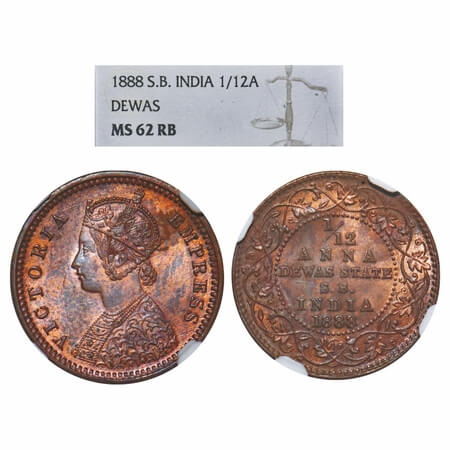 Dewas Senior, Copper 1/12 Anna, Narayan Rao (c. 1864-1892 AD), Crowned bust of Victoria on