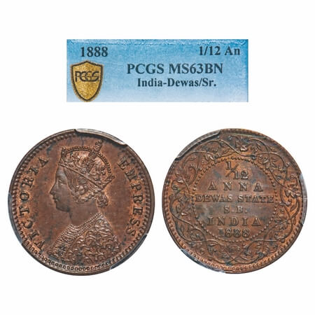 Dewas Senior, Copper 1/12 Anna, Narayan Rao (c. 1864-1892 AD), Crowned bust of Victoria on