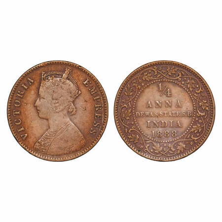 Dewas Senior, Copper 1/4 Anna, 6.55g, Narayan Rao (c. 1864-1892 AD), Crowned bust of Victo