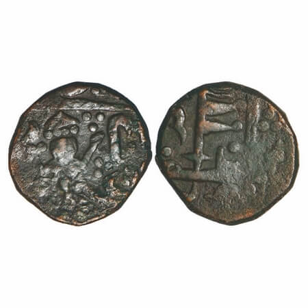 Dhar, Copper Kachha Paisa, 13.17g, Obv: Hanuman running right, Rev: Pataka. KM Unlisted. A