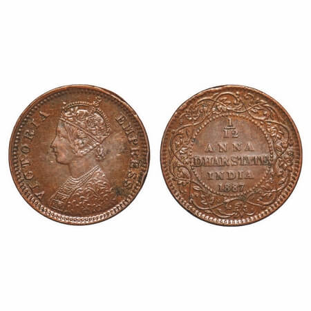 Dhar, Copper 1/12 Anna, 2.18g, Anand Rao III, 1887 AD, bust of Victoria Empress on obv. KM