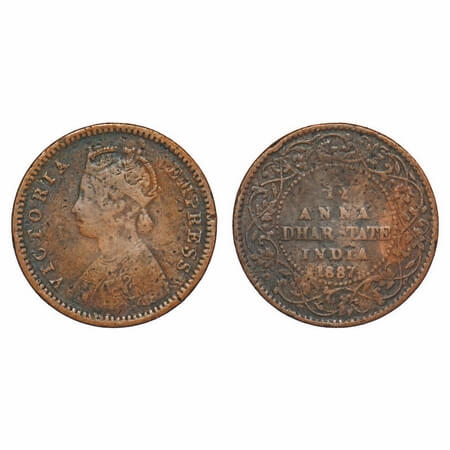 Dhar, Copper 1/12 Anna, 2.14g, Anand Rao III, 1887 AD, bust of Victoria Empress on obv. KM