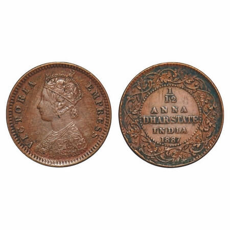 Dhar, Copper 1/12 Anna, 2.11g, Anand Rao III, 1887 AD, bust of Victoria Empress on obv. KM
