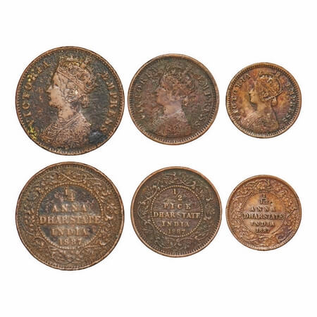 Dhar, Copper 1/4 Anna, 1/2 Pice, 1/12 Anna, (3 Coins), Anand Rao III, 1887 AD, bust of Vic