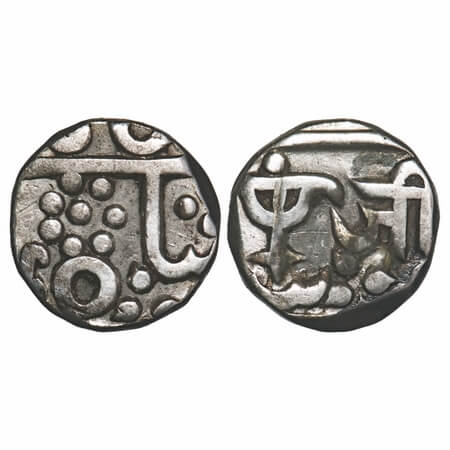 Gwalior, Silver 1/2 Rupee, 5.34g, Jayaji Rao (1843-1886 AD), Lashkar Nagari 'Ji', bow and 