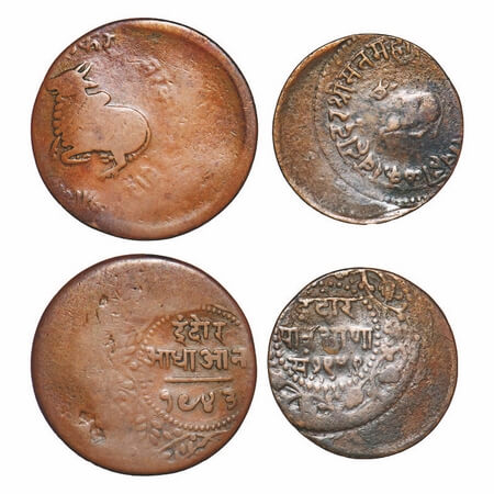 Indore, Copper, 1/4 & ½ Anna, (2 Coins), Shivaji Rao, Obv: Reclining bull to left and king