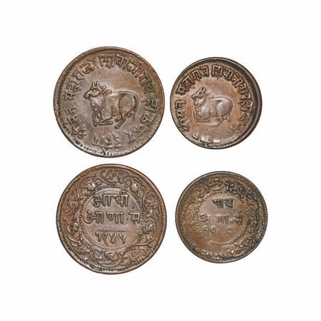 Indore, Copper, ½ & 1/4 Anna, (2 Coins), Shivaji Rao, Obv: Reclining bull to left and king