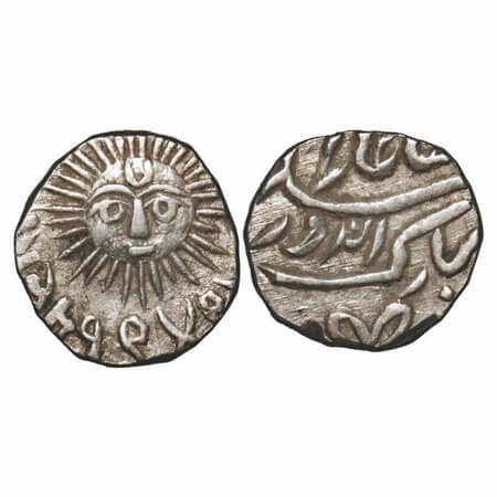 Indore, Silver 1/4, 2.80g, Shivaji Rao (1886-1903 AD), Indore Mint, VS 1947, Sun face betw