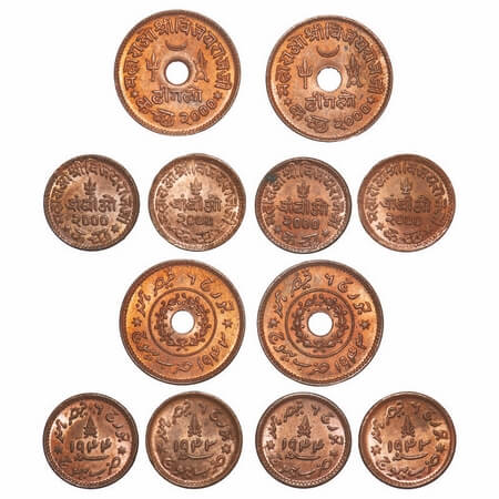 Kutch, Copper (6 Coins), Vijayrajji, Trambiyo VS 2000/1943 AD (2), VS 2000/1944 AD (2), Dh