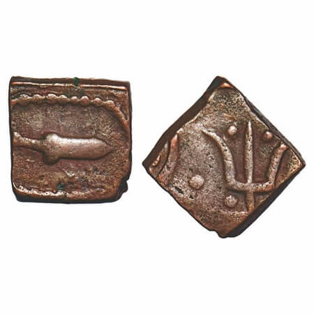 Makrai State, Copper Square Paisa, 9.61g, Raja Bharat Shah (1886-1920 AD), katar on obv, t
