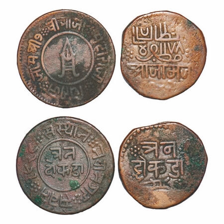 Nawanagar, Copper 3 Dokdo (2 Coins), Vibhaji (VS 1909-1951 / 1852-1894 AD), VS 1928 & 1942