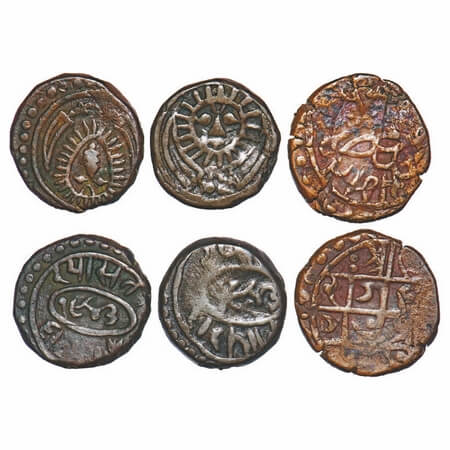 Partabgarh, Copper Paisa (3 Coins), 1 & 2) Copper Paise with sunface, VS 1943. KM 31.1, 3)