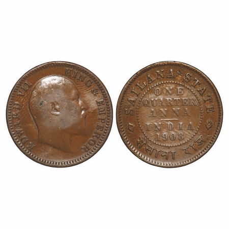 Sailana, Copper 1/4 Anna, 4.80g, Jaswant Singh (1890-1919 AD), 1908 AD, bust of Edward VII
