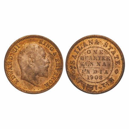 Sailana, Copper 1/4 Anna, 4.68g, Jaswant Singh (1890-1919 AD), 1908 AD, bust of Edward VII