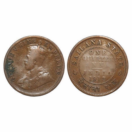 Sailana, Copper ¼ Anna, 4.49g, Jaswant Singh (1890-1919 AD), 1912 AD, bust of George V on 