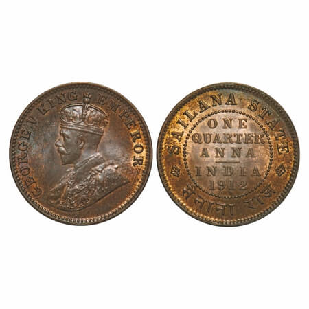 Sailana, Copper ¼ Anna, 4.80g, Jaswant Singh (1890-1919 AD), 1912 AD, bust of George V on 