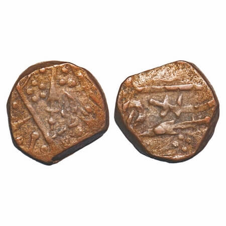 Sunth, Copper Paisa, 9.45g, Parmar Rulers, Rampur Mint, Obv: spear, Rev: sword and spear. 
