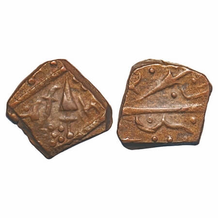 Sunth, Copper Paisa, 7.82g, Parmar Rulers, Rampur Mint, Obv: spear, Rev: sword and spear a