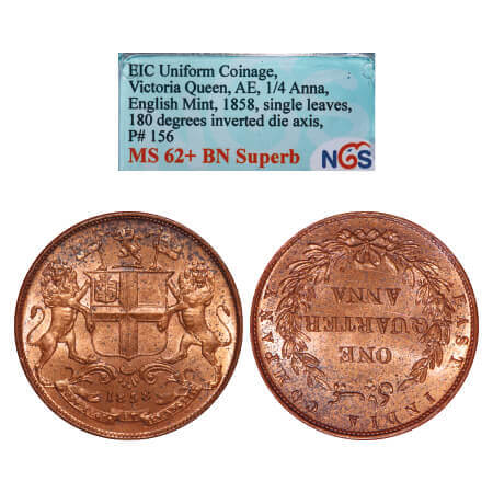 Victoria Queen, Copper, Quarter Anna, 1858, J. Watt & Co., Birmingham Mint, Single leaf, Y