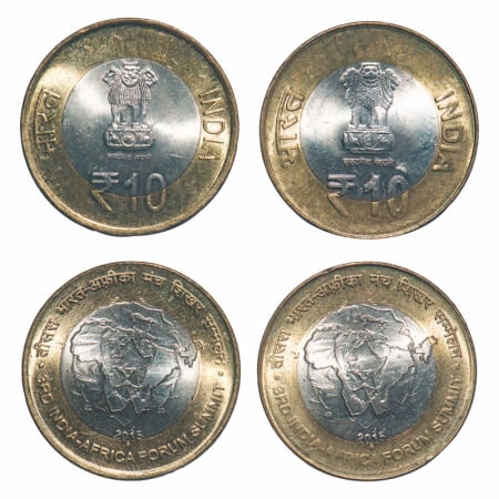 10 Rupees, (2 Coins), 2016. Bimetal, 3rd India Africa Forum Summit bombay mint, 1) Thin le