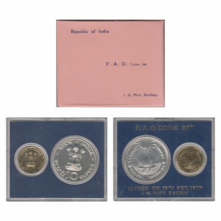 1970, Unc coin set of 2 Coins, 10 Rupees & 20 Paise, FAO Food For All, Bombay Mint, in acr