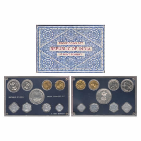 1971, Proof Coin Set of 9 Coins, 10 Rupees & 1 Rupee, 50, 20, 10, 5, 3, 2, 1 Paise, Food F