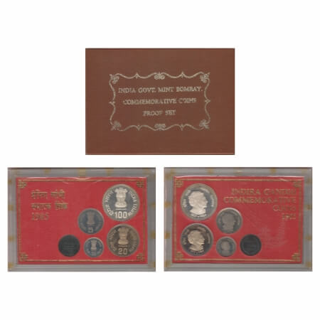1985, Proof Coin Set of 4 Coins, 100 Rupees, 20 Rupees, 5 Rupees & 50 Paise, Indira Gandhi