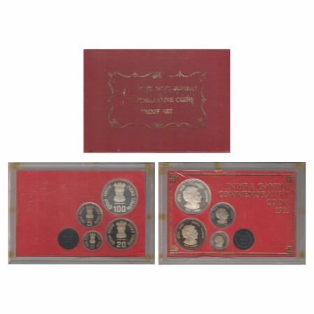 1985, Proof Coin Set of 4 Coins, 100 Rupees, 20 Rupees, 5 Rupees & 50 Paise, Indira Gandhi