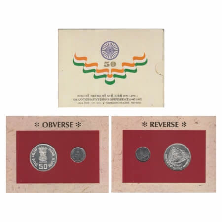 1997, Unc Set of 2 Coins, 50 Rupees & 50 Paise, 50th year of Independence (1947-1997), Mum