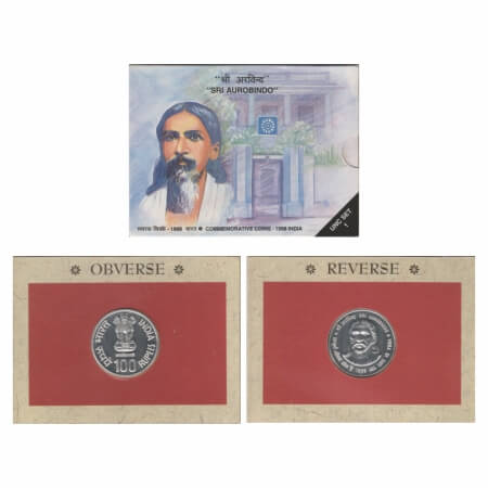 1998, Unc 1 single Coin, 100 Rupees, Sri Auribindo - All Life is Yoga, Mumbai Mint. in ori