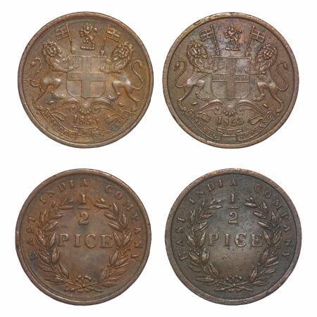 Victoria Queen, Copper, 1/2 Pice, (2 coins), 1853, Calcutta Mint, B/I, Wreath with 19 Berr