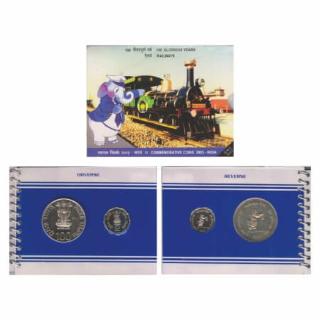 2003, Unc Set of 2 Coins, 100 & 2 Rupees, 150 Glorious Years - Railways, Kolkata Mint. in