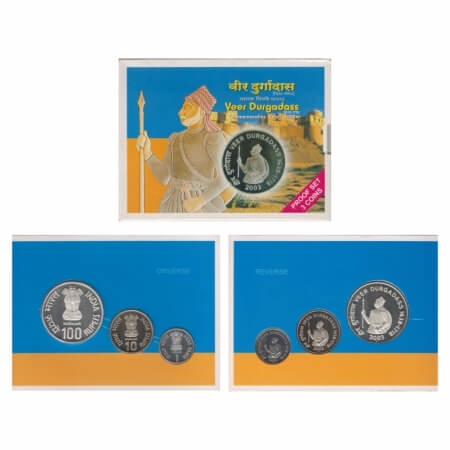 2003, Proof Set of 3 Coins, 100, 10 & 1 Rupees, Veer Durgadass (1638-1718), Mumbai Mint. i