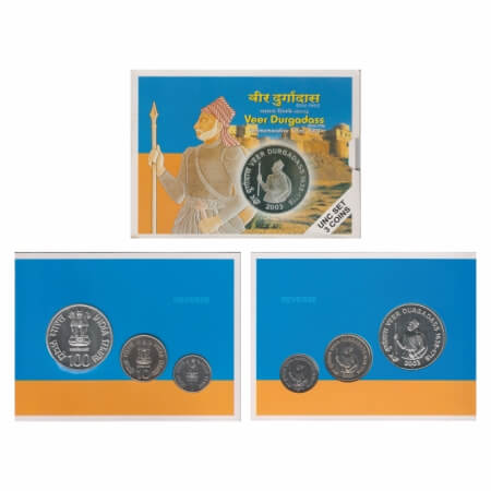 2003, Unc Set of 3 Coins, 100, 10 & 1 Rupees, Veer Durgadass (1638-1718), Mumbai Mint. in