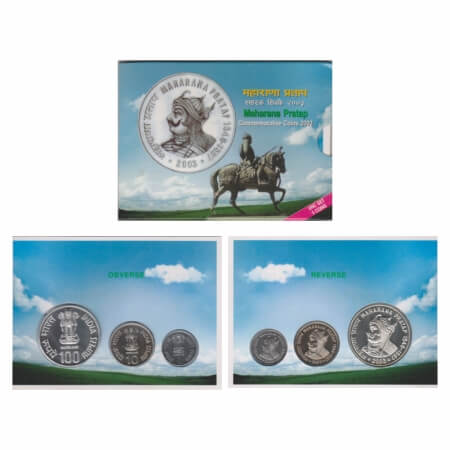 2003, Unc Set of 3 Coins, 100, 10 & 1 Rupees, Maharana Pratap, Mumbai Mint. in original mi