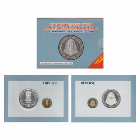 2009, Proof Set of 2 Coins, 100 & 5 Rupees, Saint Alphonso Birth Centenary, Mumbai Mint. S