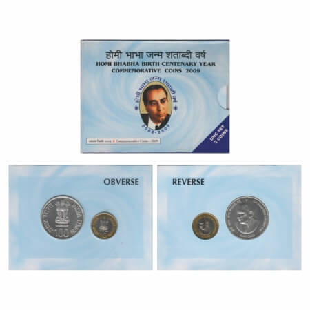 2009, Unc Set of 2 Coins, 100 & 10 Rupees, Homi Bhabha Birth Centenary, Mumbai Mint. in or