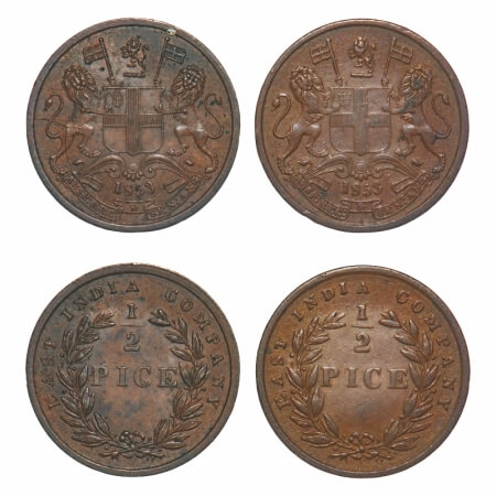 Victoria Queen, Copper, 1/2 Pice, (2 coins), 1853, Calcutta Mint, B/I, Wreath with 19 Berr