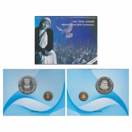 2010, Proof Coin Set of 2 Coins, 100 Rupees & 5 Rupees, Mother Teresa Birth Centenary, Kol