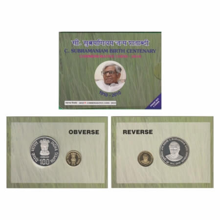 2010, Proof Coin Set of 2 Coins, 100 Rupees & 5 Rupees, C.Subraminiam Birth Centenary, Mum
