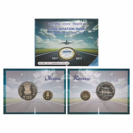 2011, Proof Set of 2 Coins, 100 & 5 Rupees, 100 Years of Civil Aviation India, Mumbai Mint