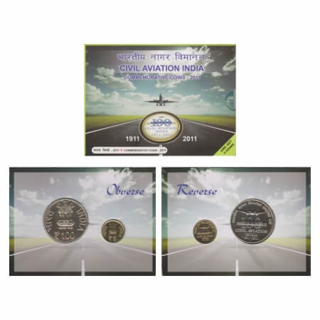 2011, Unc Set of 2 Coins, 100 & 5 Rupees, 100 Years of Civil Aviation India, Mumbai Mint. 