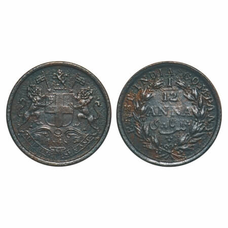 Victoria Queen, Copper, 1/12 Anna, 1848, Calcutta Mint, Wreath with 23 Berries (13L + 10R)