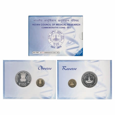2011, Proof Set of 2 Coins, 100 & 5 Rupees, Indian Council of Medical Research, Mumbai Min