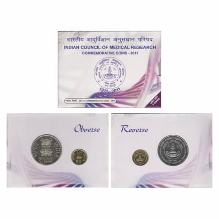 2011, Unc Set of 2 Coins, 100 & 5 Rupees, Indian Council of Medical Research, Mumbai Mint.