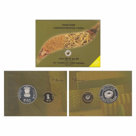 2014, Proof Coin Set of 2 Coins, 60 Rupees & 10 Rupees, 60 Years of Coir Board 1953-2013. 
