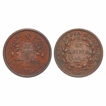 Victoria Queen, Copper, 1/12 Anna, 1848, Calcutta Mint, Wreath with 23 Berries (13L + 10R)