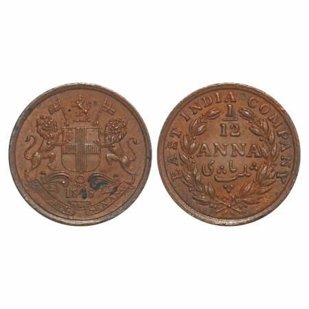 Victoria Queen, Copper, 1/12 Anna, 1848, Calcutta Mint, Rev aligned, Wreath with 23 Berrie