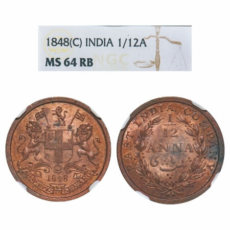 Victoria Queen, Copper, 1/12 Anna, 1848, Calcutta Mint, Rev aligned, Wreath with 23 Berrie