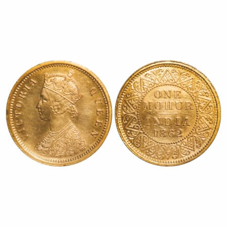 Victoria Queen, Gold, Mohur, 1862, Calcutta Mint, Two flowers in bottom panel of jabot, A 